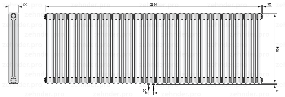 Схема (чертеж) Радиатор Zehnder Charleston 3180/49 №5410 Белый глянцевый RAL 9016